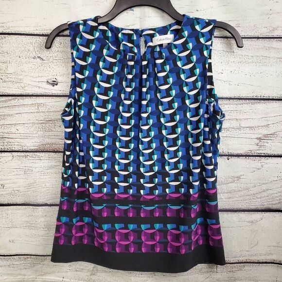 Calvin Klein Medium Petite Blue/Blk/Wht Print Blouse Top - Picture 1 of 6